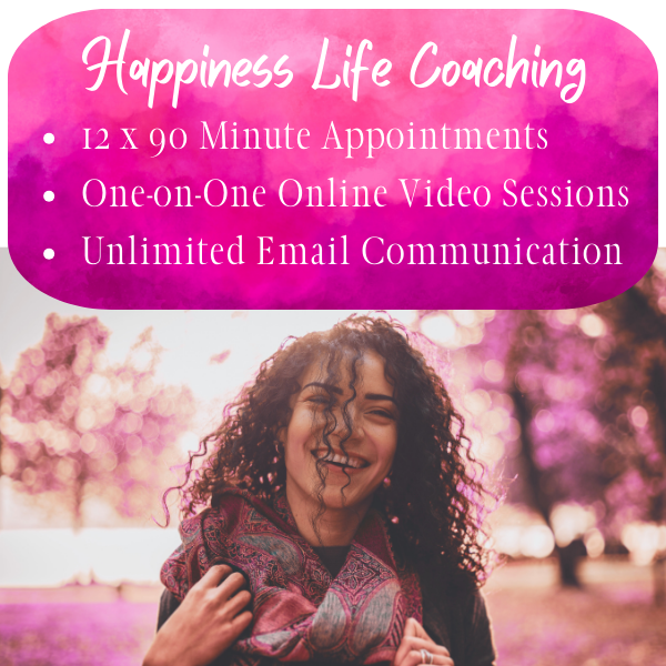 Happiness Life Coaching package includes 12 x 90 Minute Sessions, One-on-one online video sessions, unlimited email communication